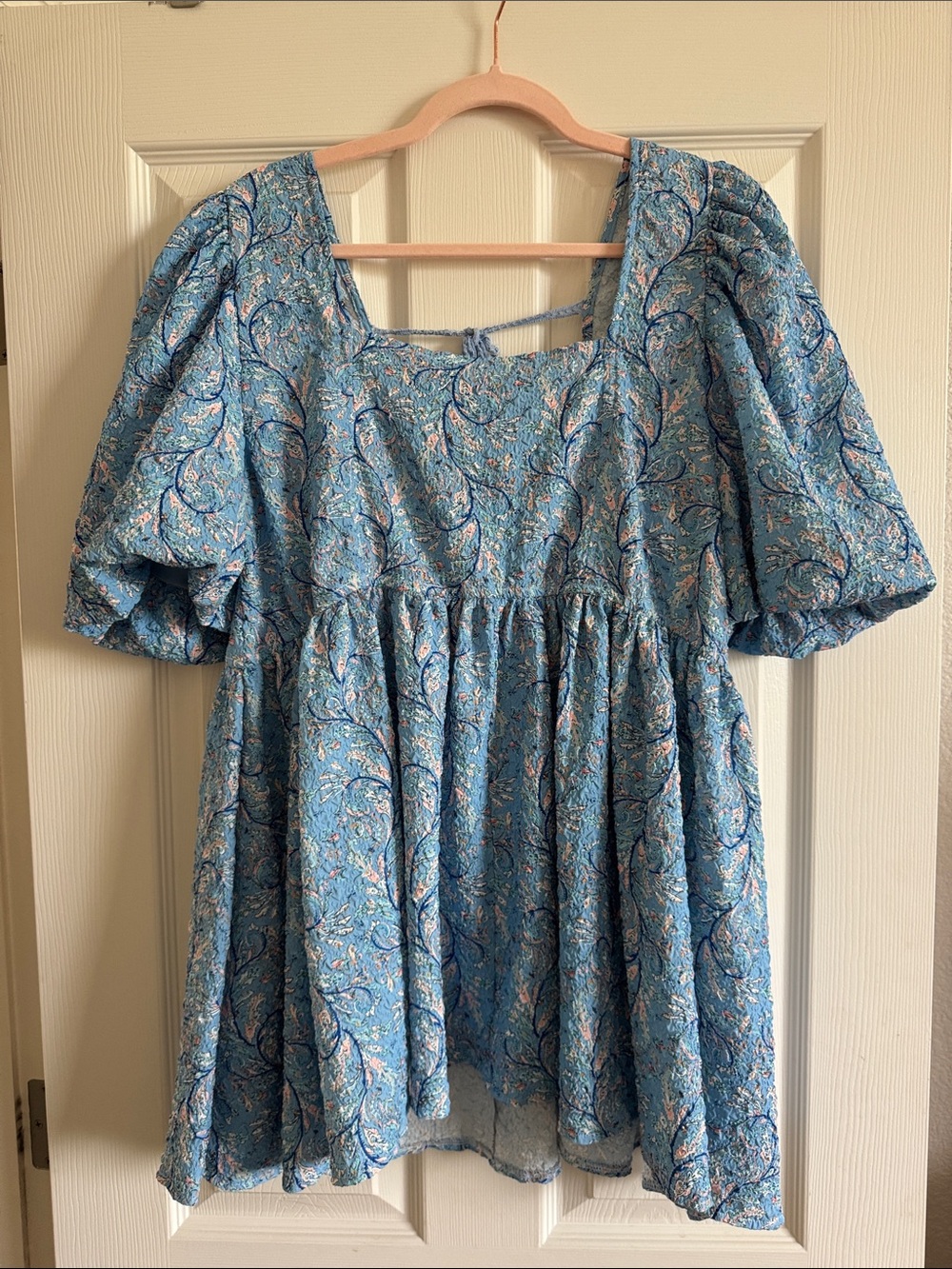 Blue Floral Puff Sleeve Babydoll Top